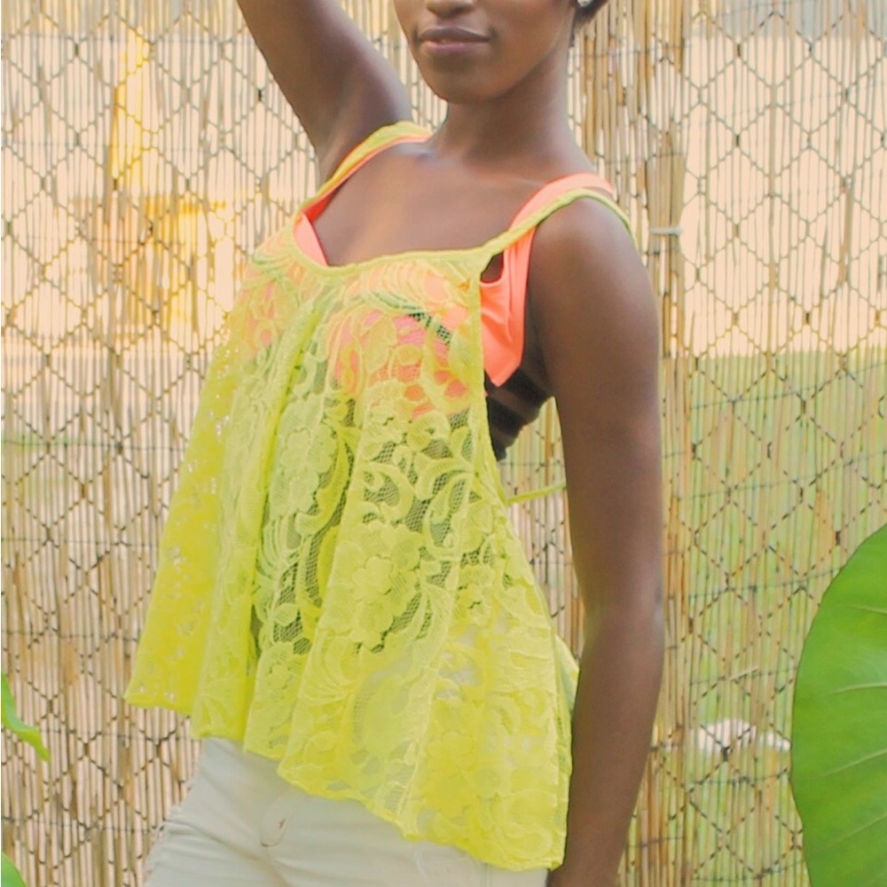 Show Me Your MuMu Neon Yellow Lace Overlay Tank with Coral Underlay